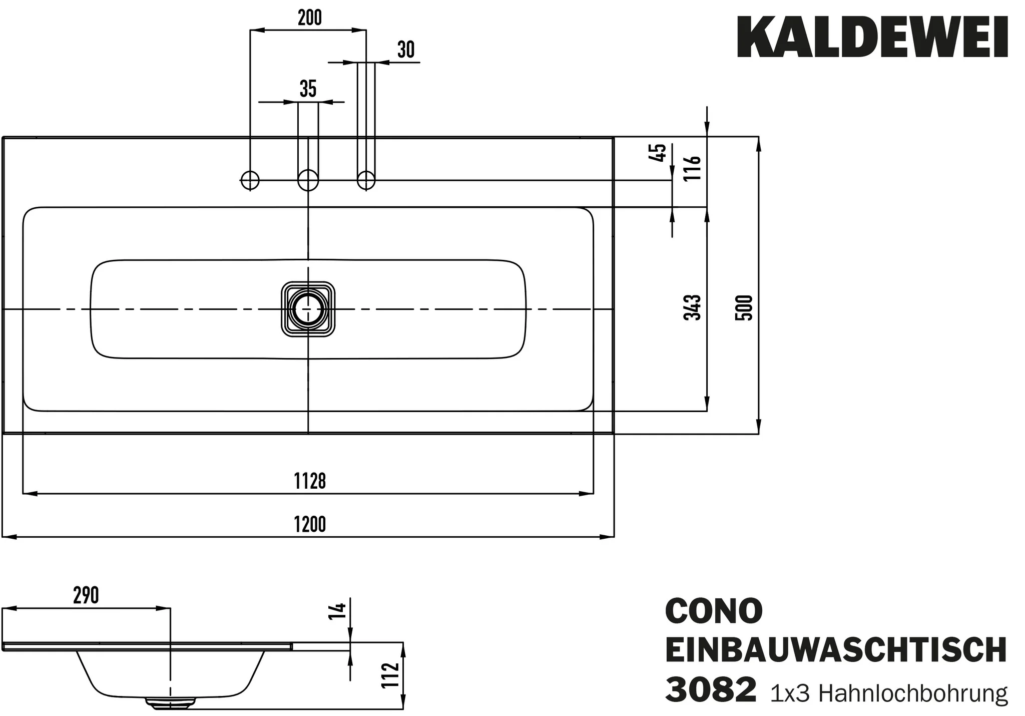Kaldewei CONO Einbauwaschtisch, schwarz matt 100, Perl-Effekt, 1.200 x 500 mm, Randhöhe 14 mm, ohne Überlauf