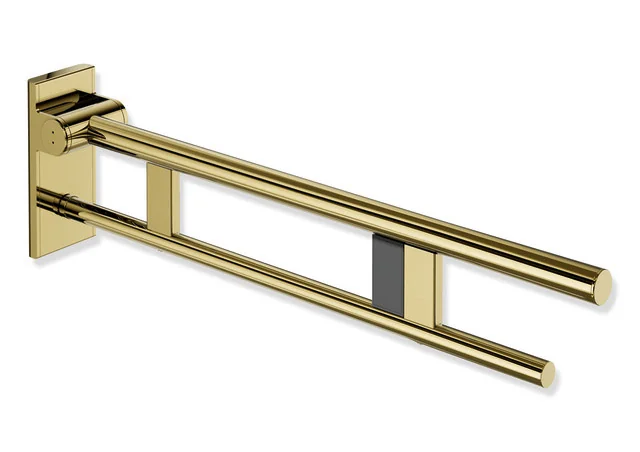 HEWI System 900 - Mobiler Stützklappgriff Duo, rechts, PVD Gold glänzend, Ausladung 750 mm, Funk-Spülauslösung, passend zu WC-Spülsystemen von Geberit, Mepa, Viega, Sanit, Friatec, TECE und Grohe