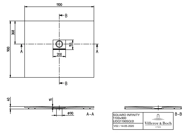 Villeroy & Boch rechteck Duschwanne „Squaro Infinity“ nur flächenbündige Installation 110 × 90 cm ohne Oberflächenbeschichtung, in Anthracite Villeroy & Boch rechteck Duschwanne „Squaro Infinity“ nur flächenbündige Installation 110 × 90 cm ohne Oberflächenbeschichtung, in Anthracite