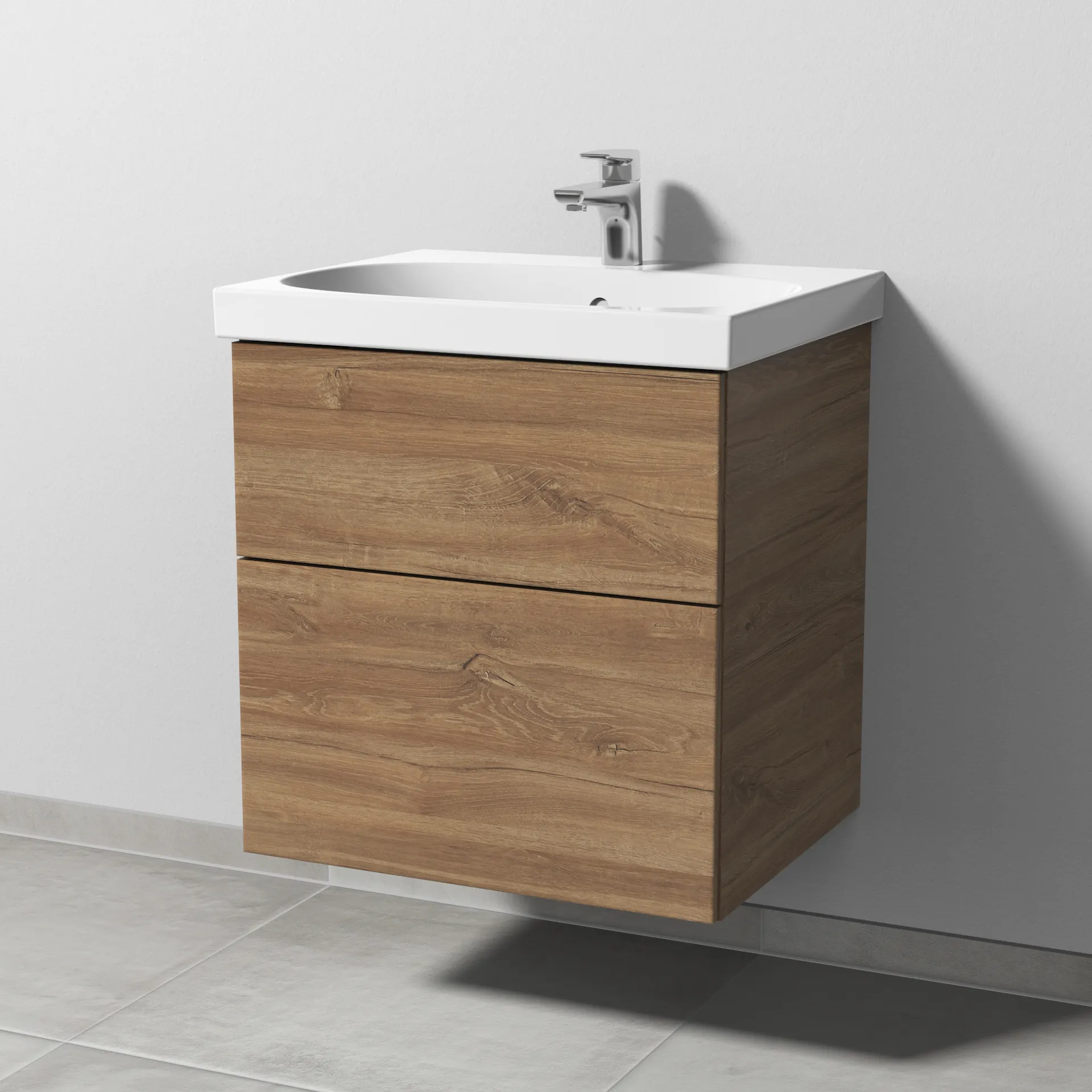 Sanipa Waschtischunterschrank „3way“ passend zu Keramik-Waschtische Acanto von Geberit 570 × 586 × 467 mm in Eiche Kansas, mit Hahnlochbohrung, Becken