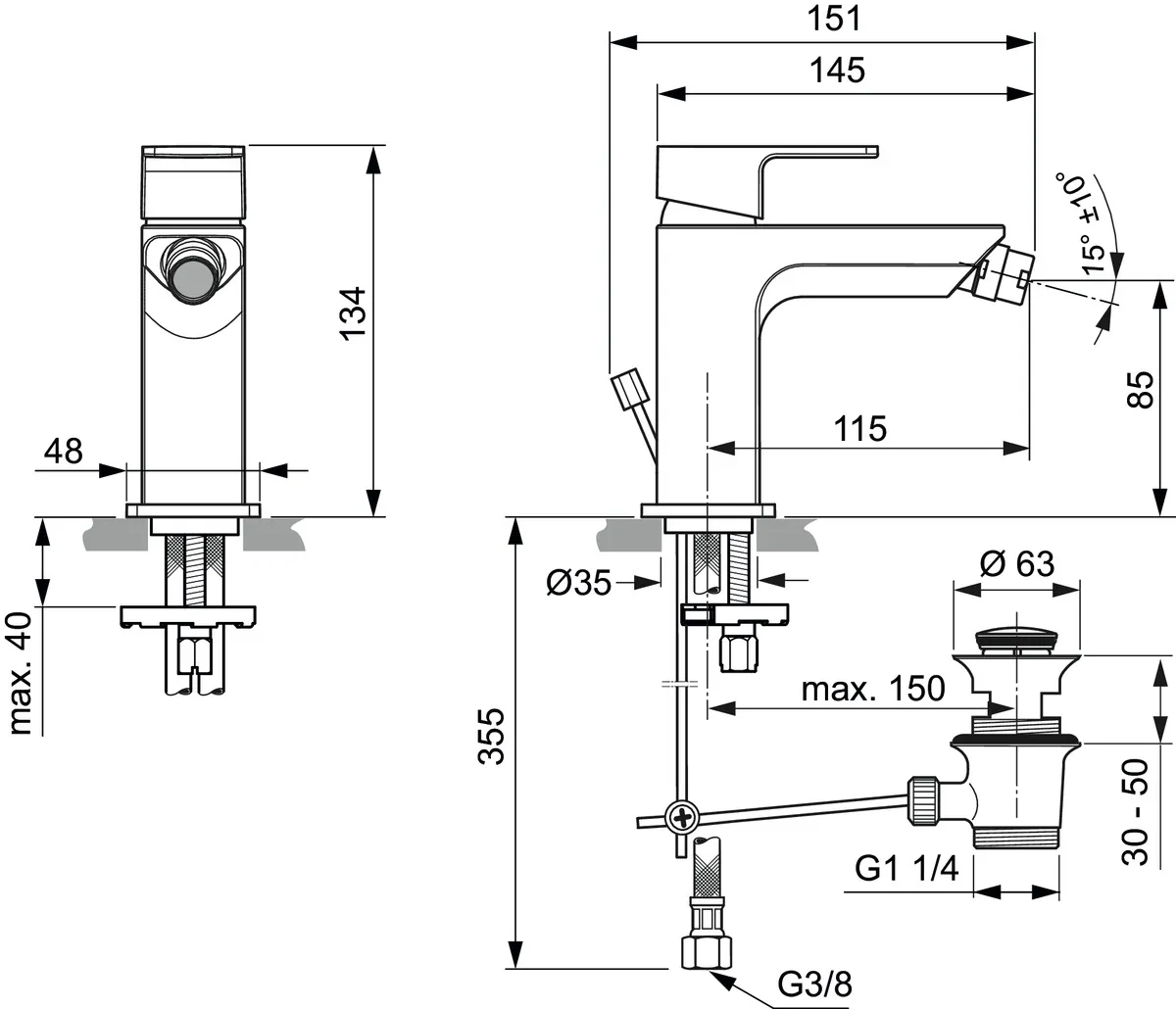 Bidetarmatur Edge, mit Ablaufgarnitur, Ausladung 115mm, Chrom Bidetarmatur Edge, mit Ablaufgarnitur, Ausladung 115mm, Chrom