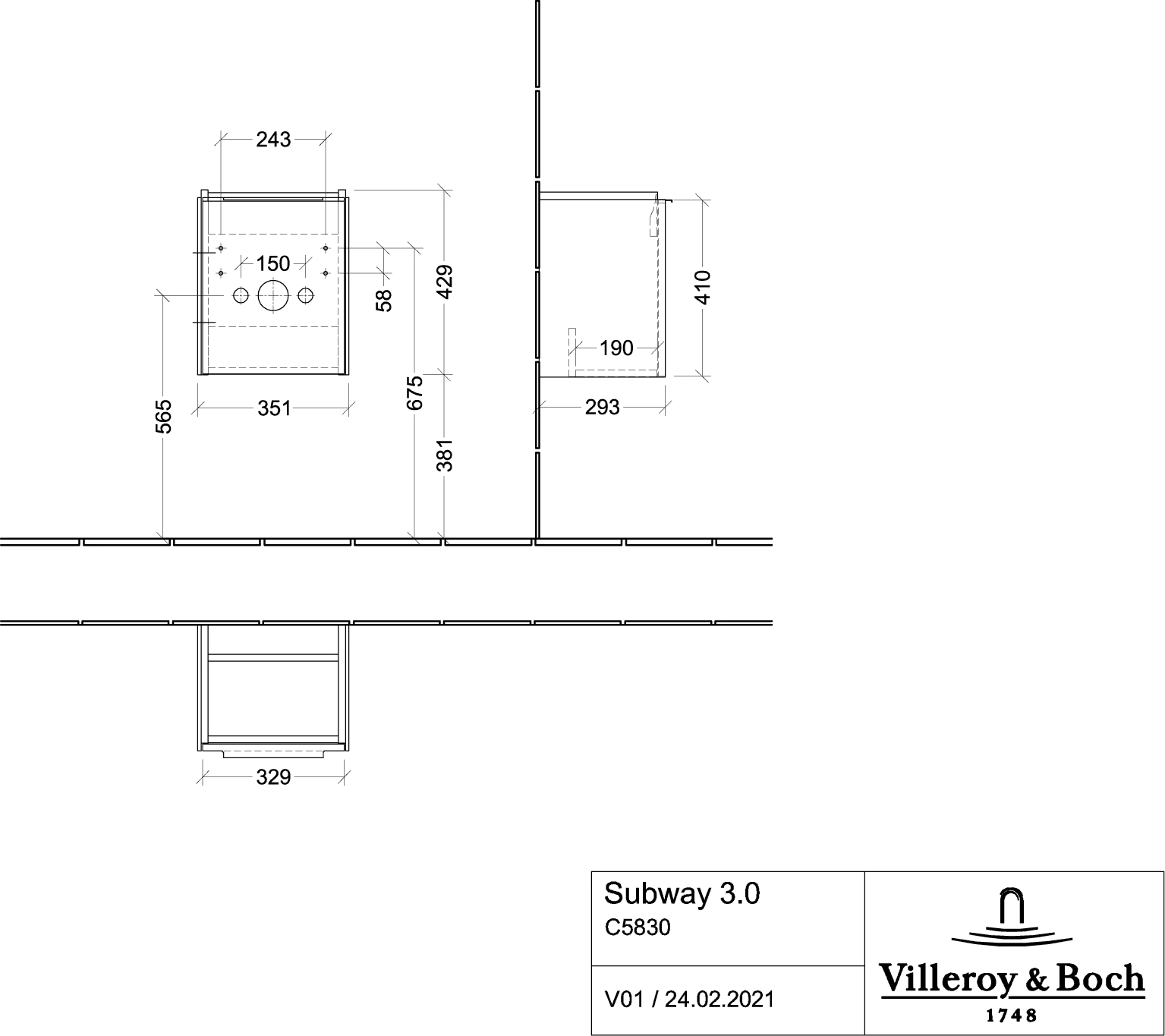 Villeroy & Boch Subway 3.0 Waschbeckenunterschrank C58300, 351 x 429 x 309 mm, links