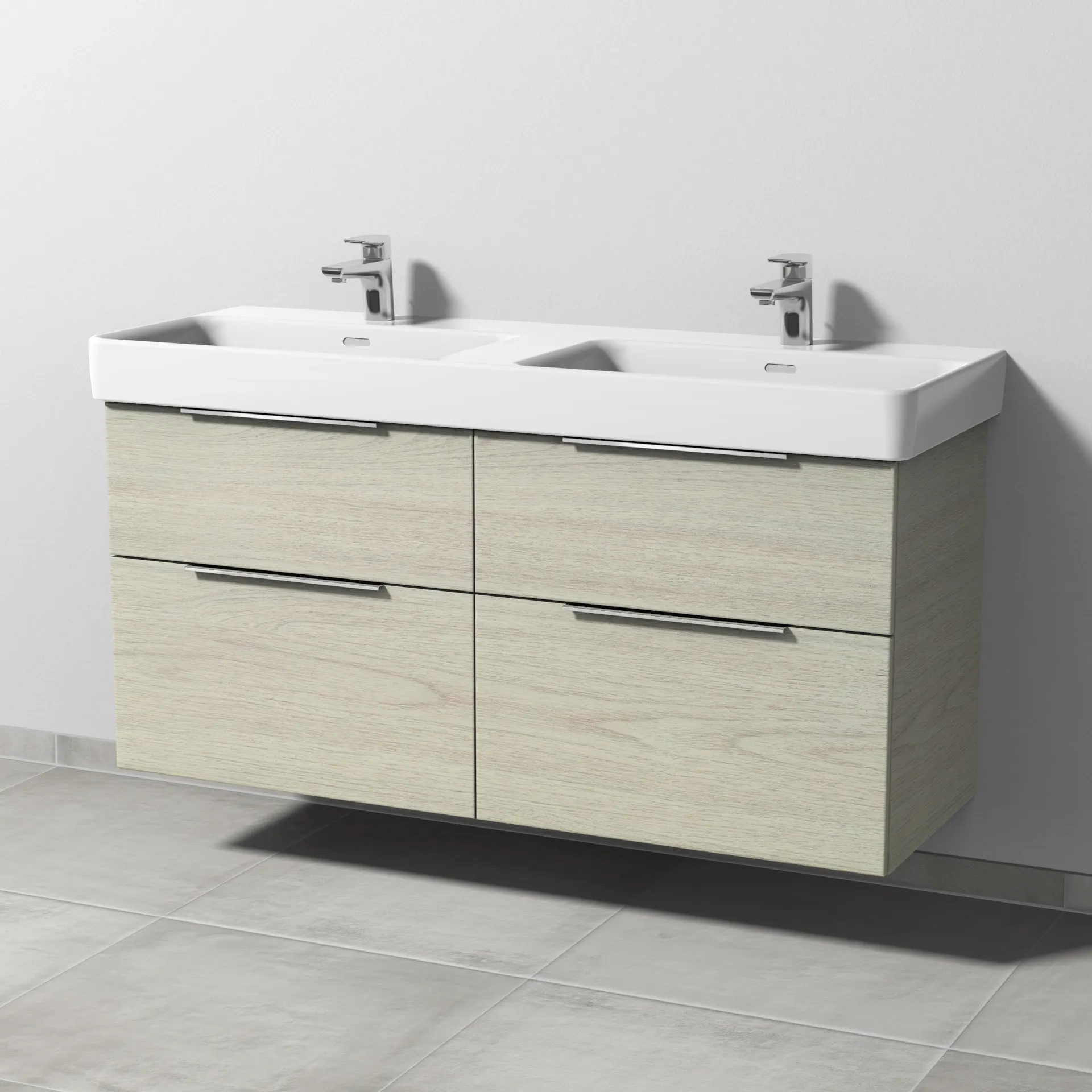Sanipa Waschtischunterschrank „3way“ 1250 × 593 × 437 mm in White Oak, mit Hahnlochbohrung, Becken mittig Sanipa Waschtischunterschrank „3way“ 1250 × 593 × 437 mm in White Oak, mit Hahnlochbohrung, Becken mittig