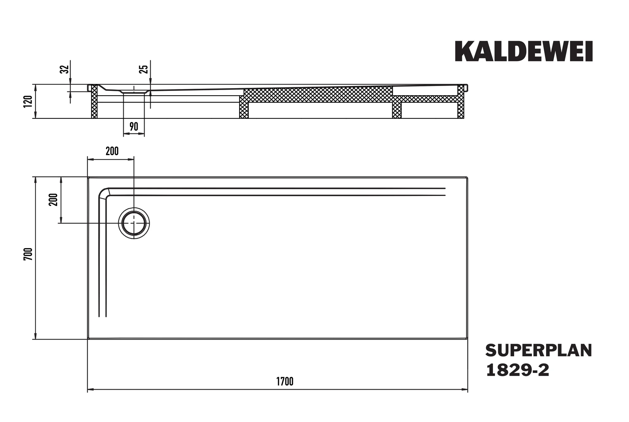 Kaldewei SUPERPLAN Duschfläche mit Wannenträger, 700x1700 mm, cool grey 70, Invisible Grip, Eckablauf, 32 mm Randhöhe