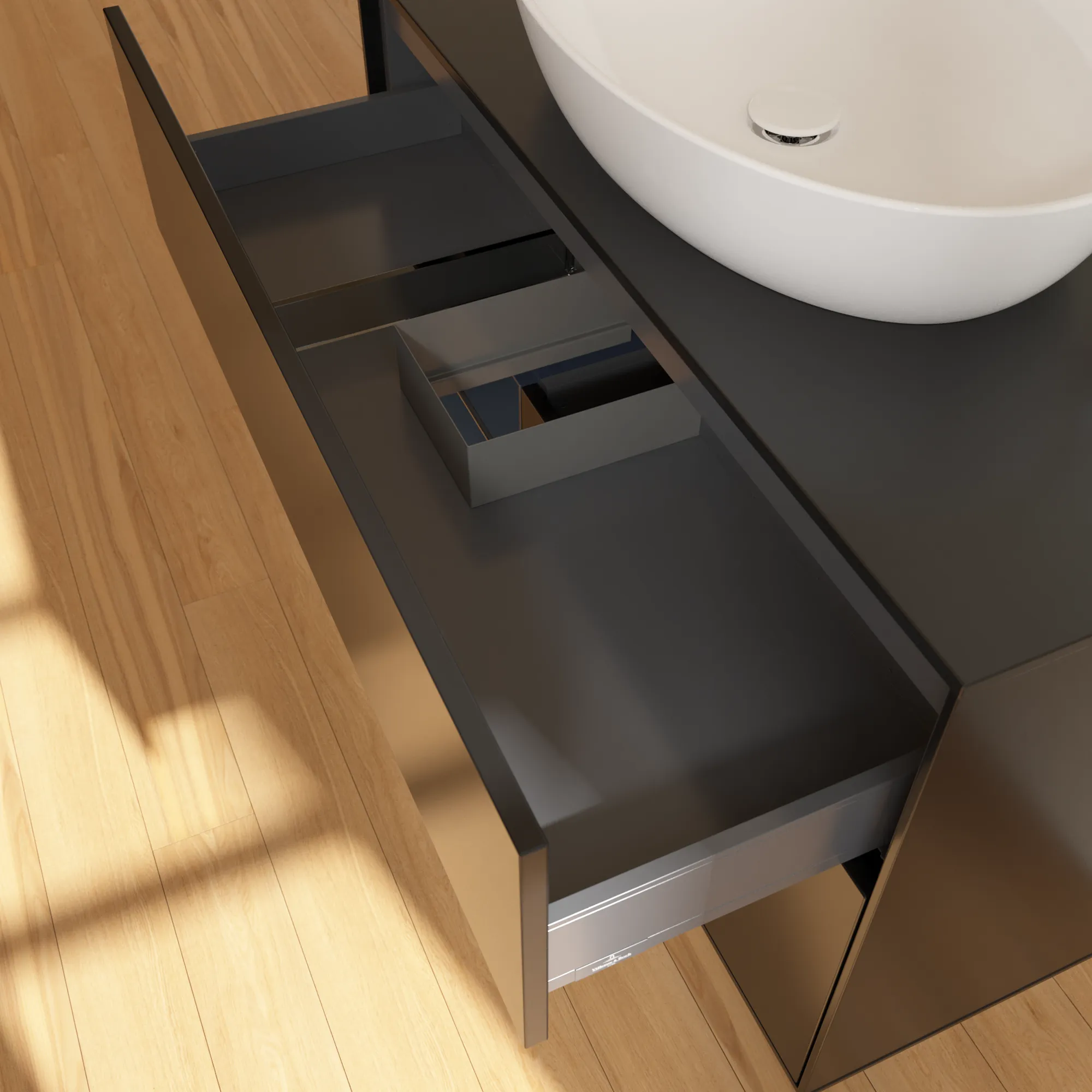 Villeroy & Boch Waschbeckenunterschrank Finion F89, 1000x603x501 mm, Black Matt Lacquer mit Midnight Blue Regal, Beleuchtung dimmbar, SoftClosing, Push-to-open, 2 Auszüge