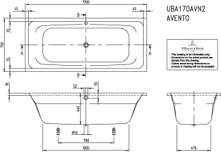 Villeroy & Boch Badewanne „Avento“ rechteck 170 × 75 cm, Mittelablauf in Weiß Alpin