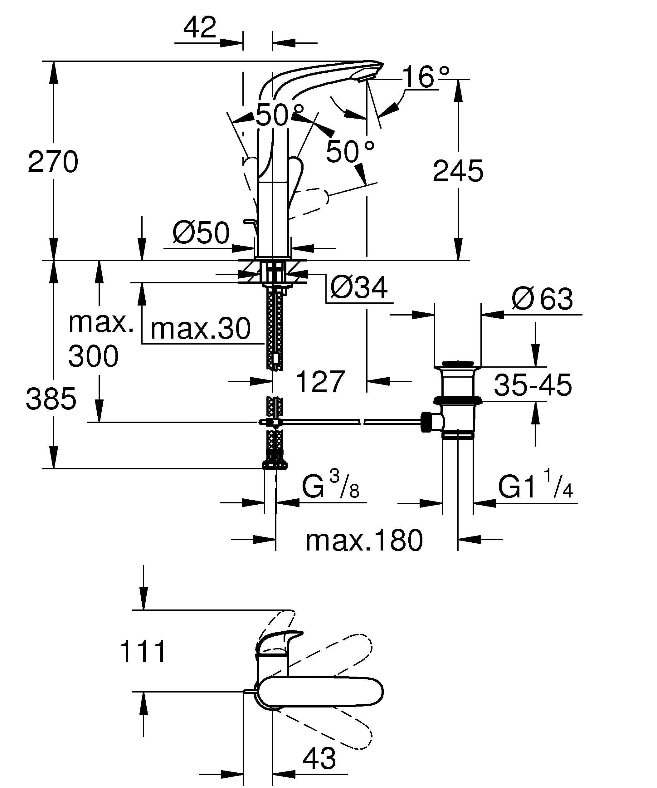 Einhand-Waschtischbatterie Eurostyle 23718_3, L-Size, Einlochmontage, Zugstangen-Ablaufgarnitur 1 1/4'', geschlossener Metall-Hebelgriff, chrom