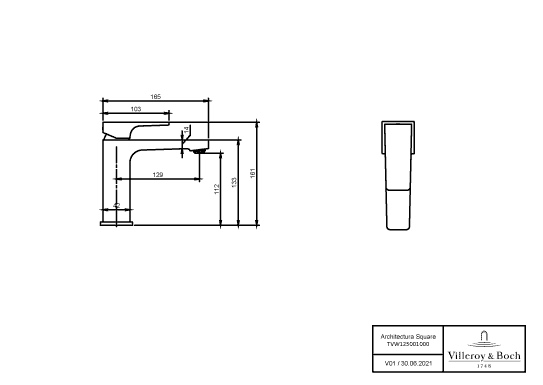 Einhand-Waschtischarmatur „Architectura Square“ 16,5 cm Ausladung 130 mm in Brushed Gold