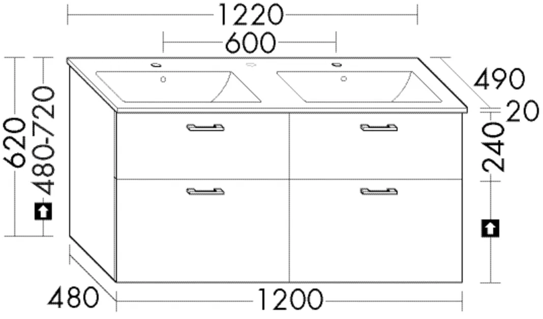 Keramik-Waschtisch Eqio slim inkl. Waschtischunterschrank - burgbad Sys30, 490x1220x620 mm, Doppelbecken 470x275 mm