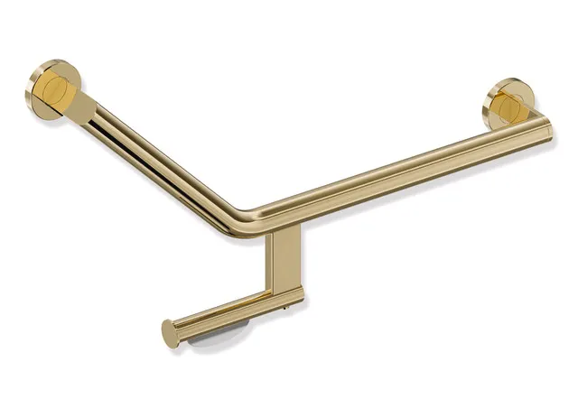 Winkelgriff mit Papierrollenhalter des Systems 900, Edelstahl, PVD, Achsmaße 620 mm und 283 mm, Winkel 135°, D: 32 mm, Ausführung rechts, in Farbe CK (Messing glänzend) Winkelgriff mit Papierrollenhalter des Systems 900, Edelstahl, PVD, Achsmaße 620 mm und 283 mm, Winkel 135°, D: 32 mm, Ausführung rechts, in Farbe CK (Messing glänzend)