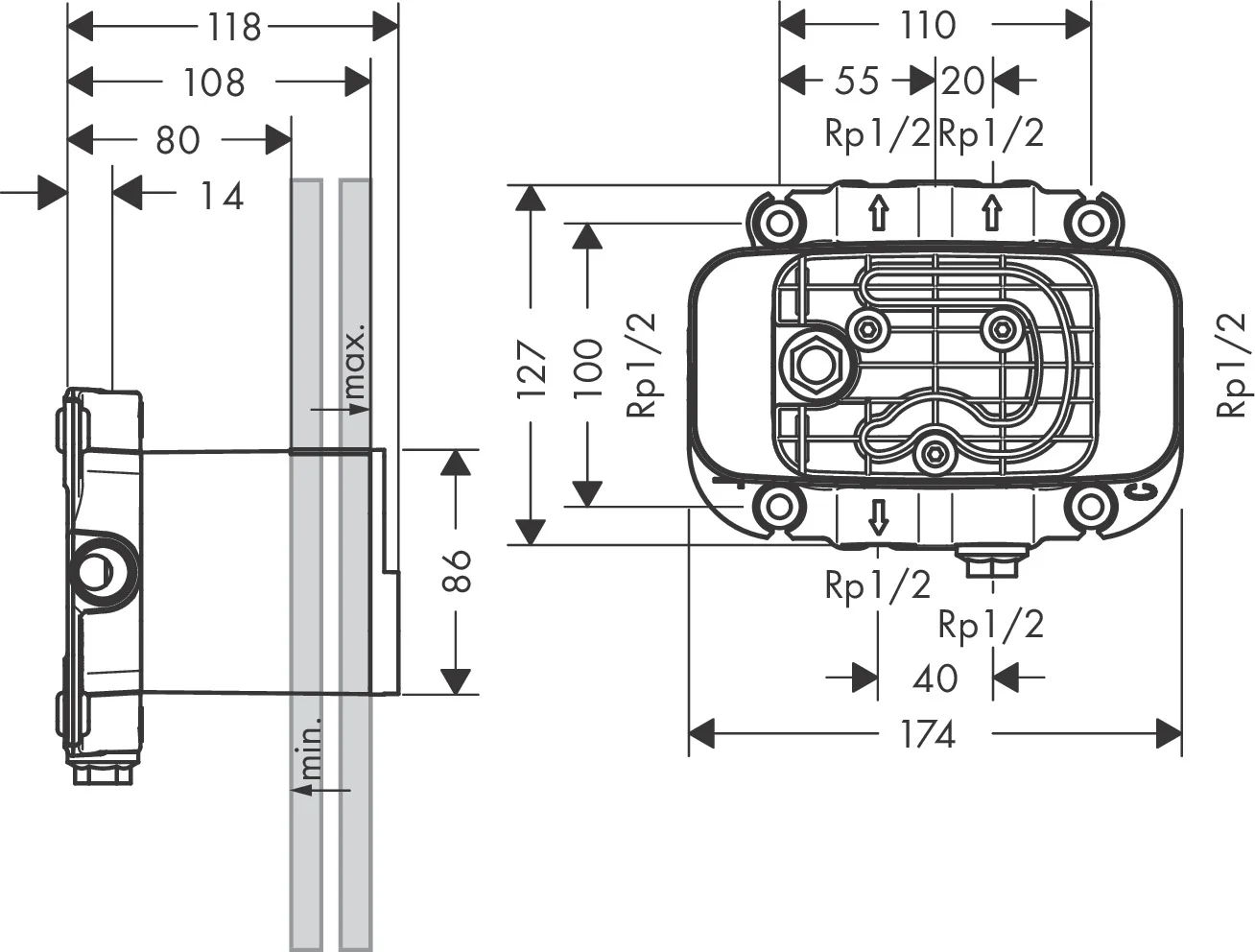 Hansgrohe AXOR One Thermostatmodul Unterputz, Grundkörper für 4 Ausgänge, Anschluss Rp 1/2, Einbautiefe 80–108 mm