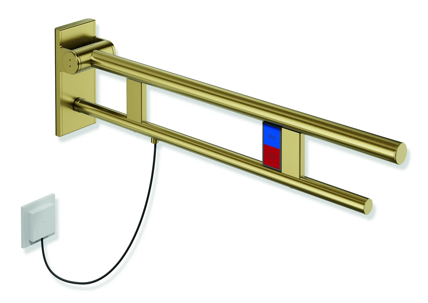 HEWI Stützklappgriff Duo System 900, Design A, Edelstahl PVD gold gebürstet, Ausladung 750 mm, links, mit Spül-/Funktionstasten E-Ausführung