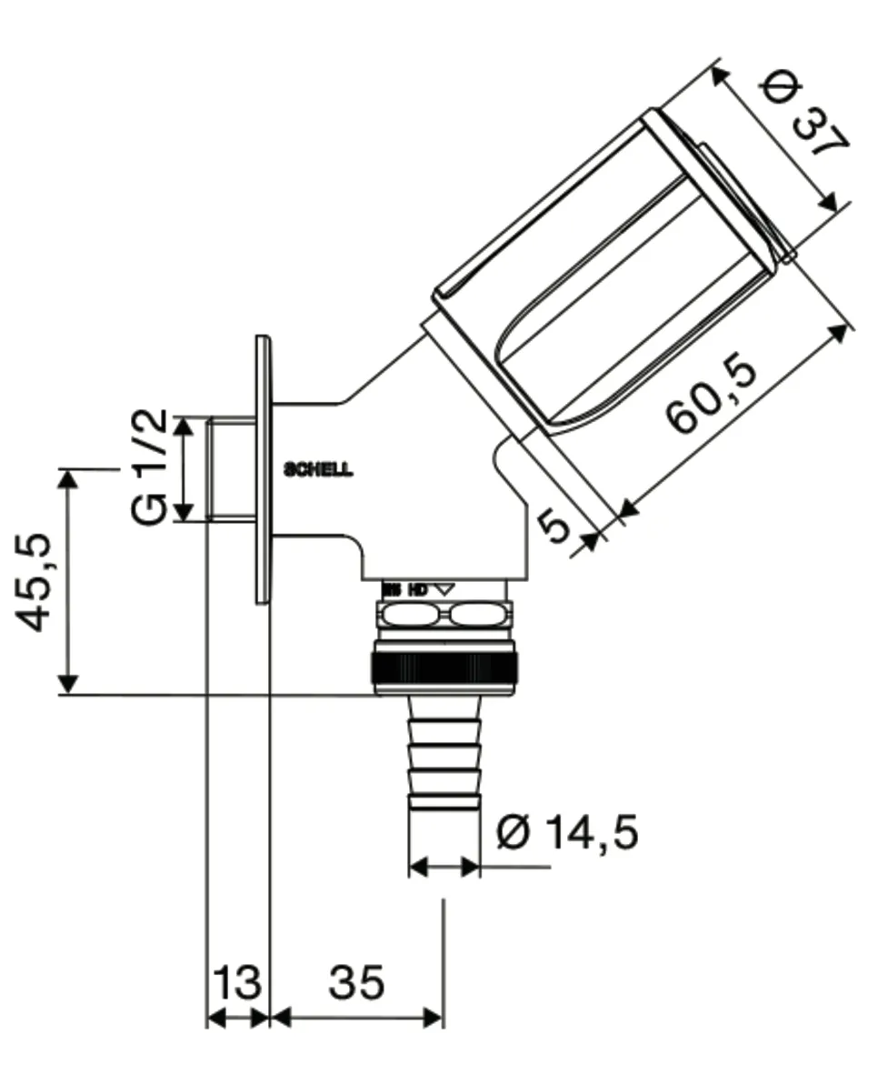 Geräteschrägsitzventil SECUR, RFV, RB, abschließbar, DN 15 G 1/2 AG, Schlauchverschraubung Ø 14,5 mm (DN 20 G 3/4 AG), chrom
