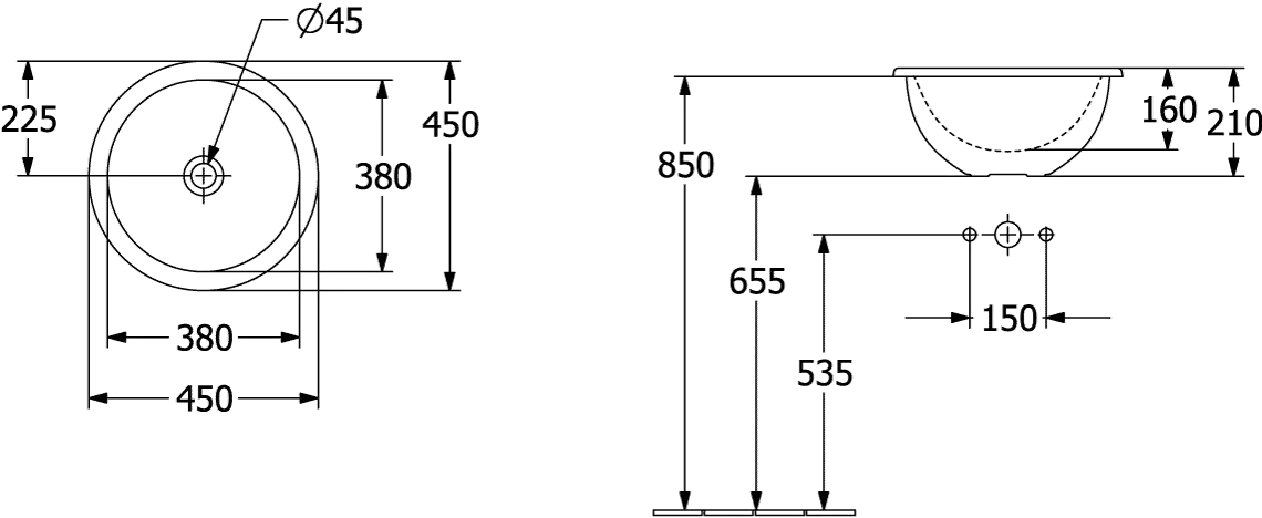 Einbauwaschtisch „Loop & Friends“, mit Überlauf, ohne Hahnlochbohrung ⌀ 45 × 21 cm