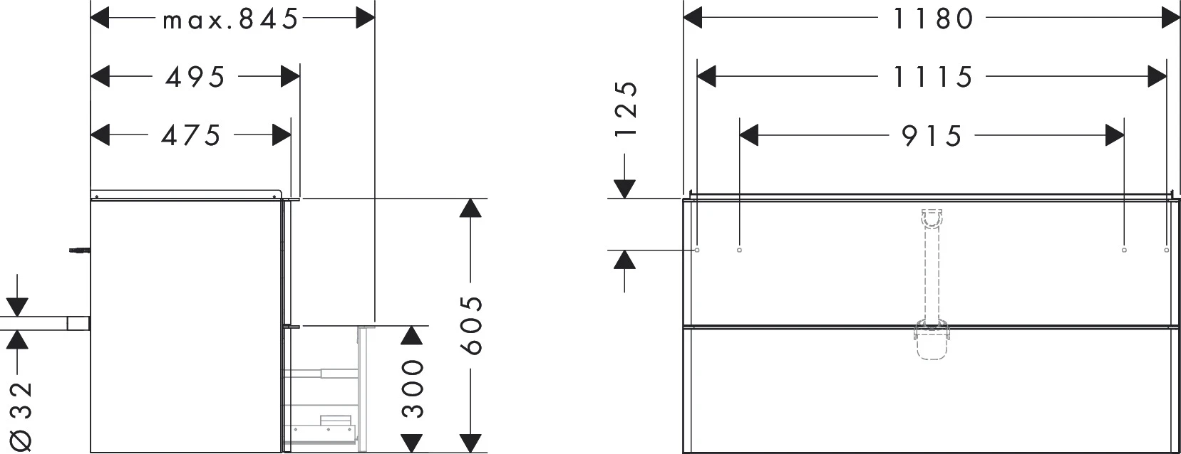 Xelu Q Waschtischunterschrank Eiche Natur 1180/475 mit 2 Schubkästen für Waschtisch Chrom