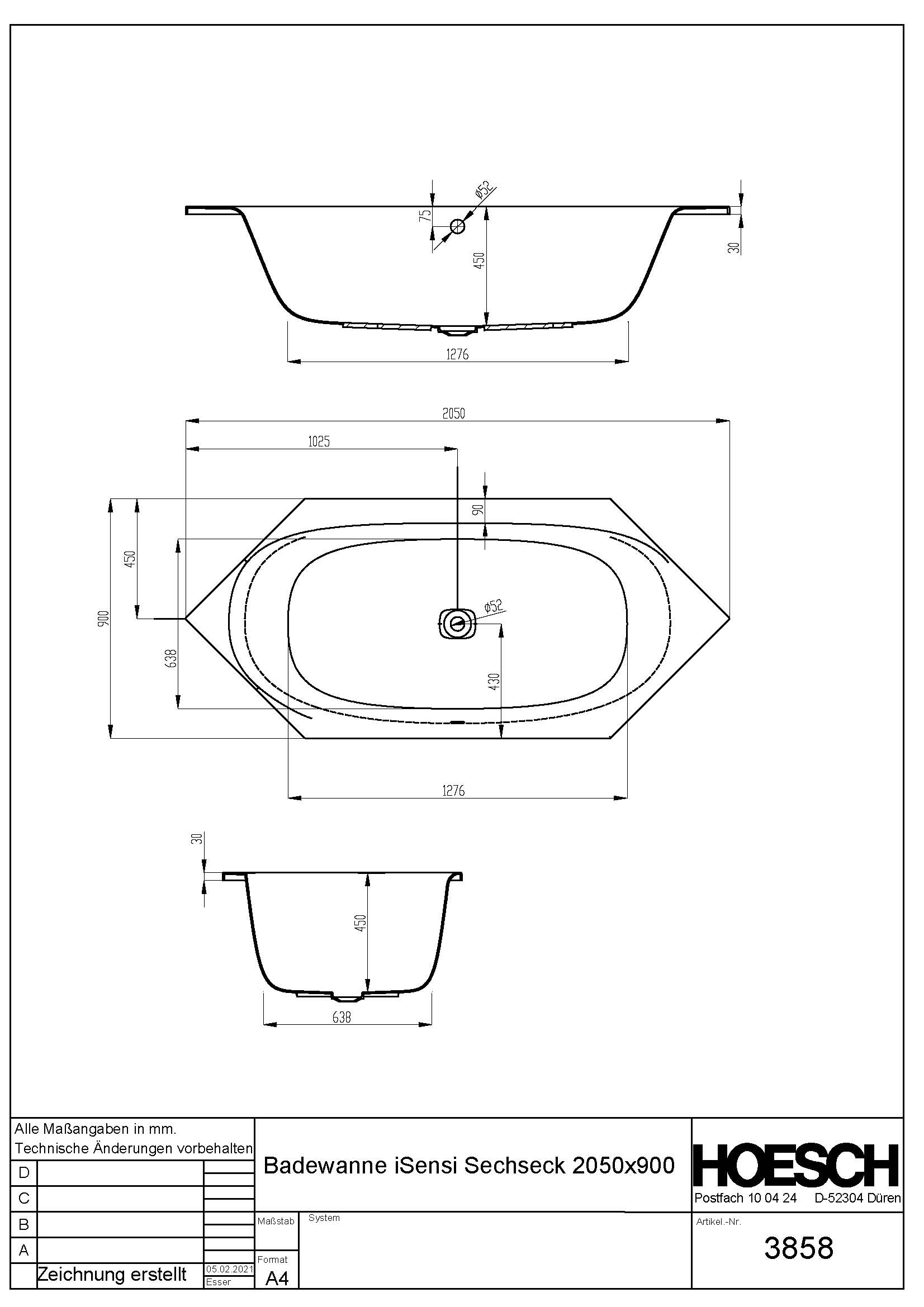 Hoesch Badewanne „iSensi“ sechseck 205 × 90 cm in 