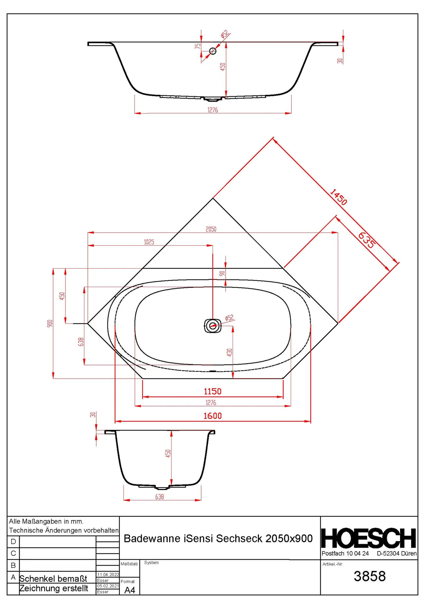 Hoesch iSensi Sechseck 2050x900 weiß Acryl-Badewanne Hoesch iSensi Sechseck 2050x900 weiß Acryl-Badewanne
