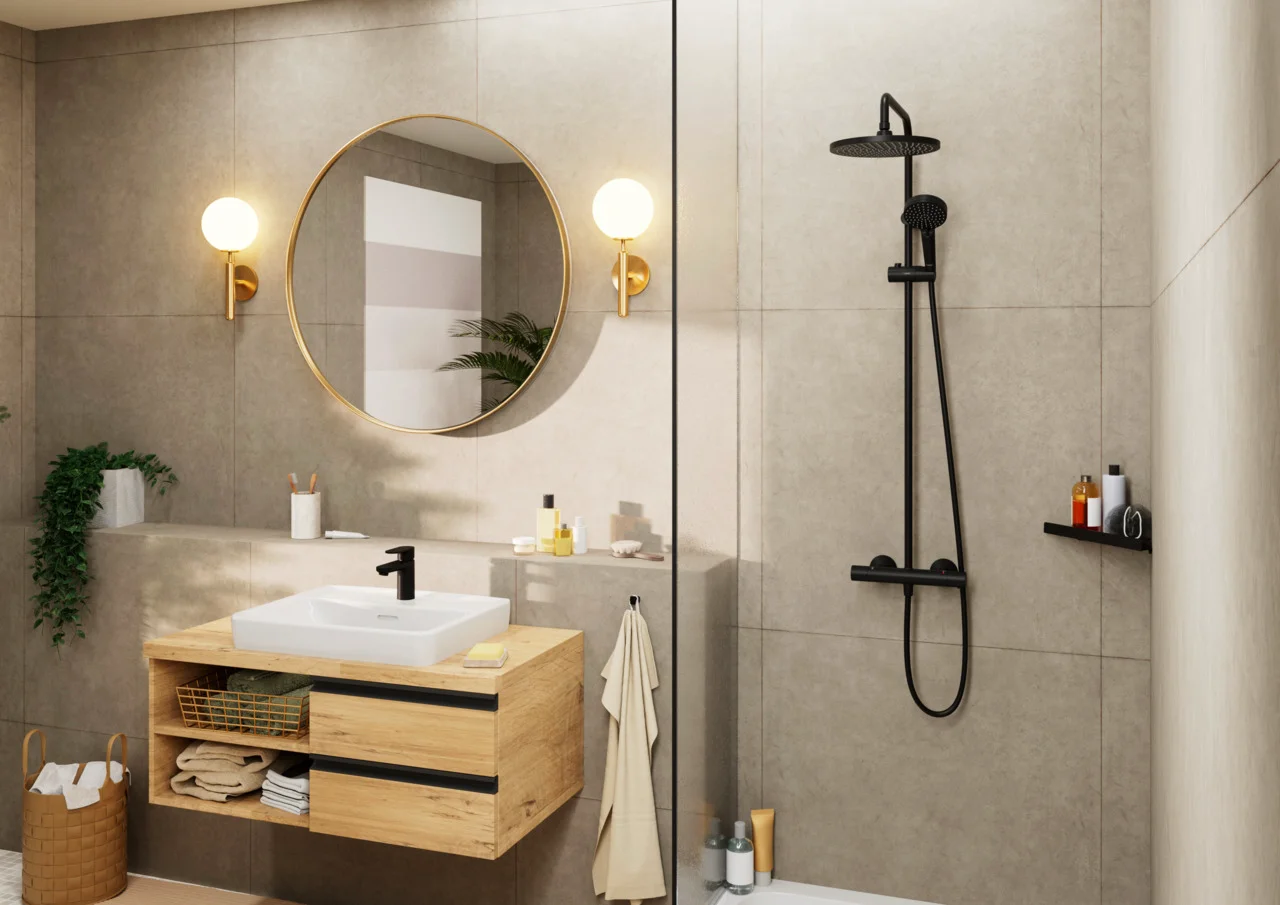 Hansgrohe Vernis Blend Showerpipe 240 1jet mit Thermostat, mattschwarz, 240 mm Brausekopfgröße, 426 mm Brausearmlänge, Aufputzinstallation