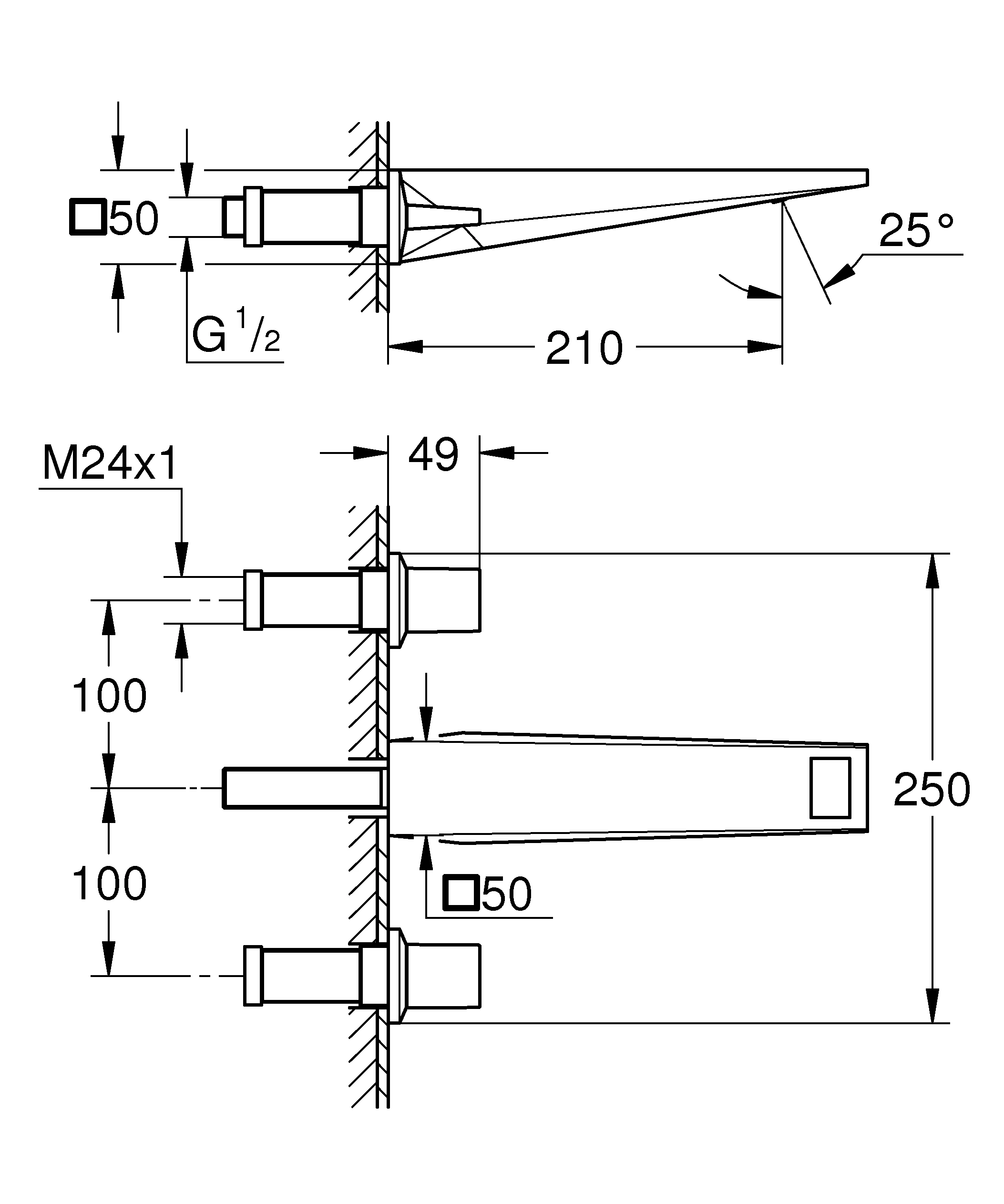 3-Loch-Waschtischbatterie Allure Brilliant 20629, Wandmontage, Fertigmontageset für 29 025 002, Ausladung 210 mm, chrom