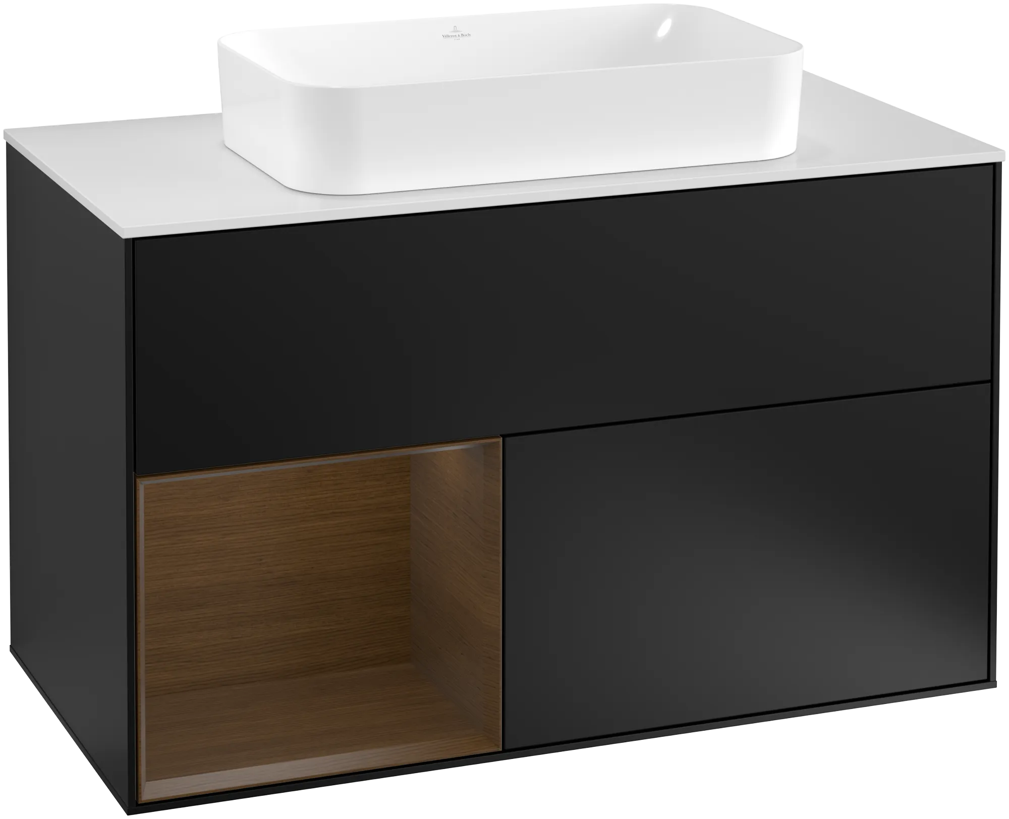 Villeroy & Boch Finion Waschbeckenunterschrank G24, 1000x603x501mm, Black Matt Lacquer / Walnut Veneer / Glass White Matt