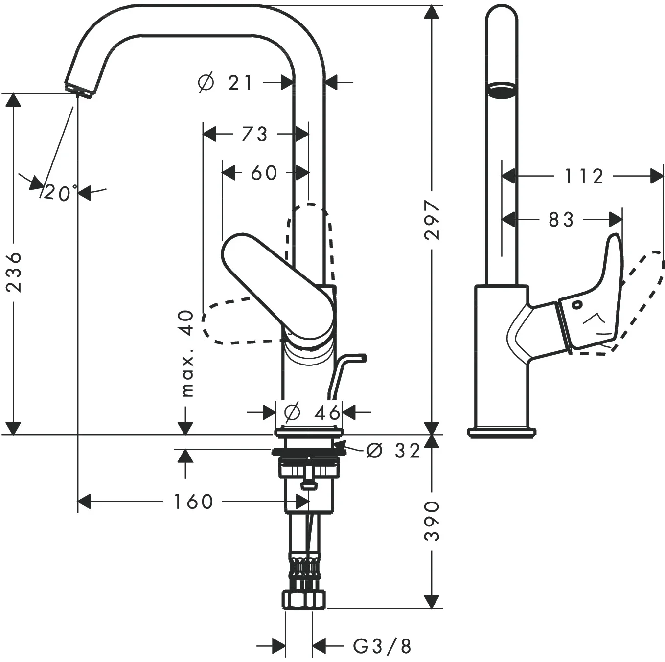 Hansgrohe Focus Einhebel-Waschtischmischer 240, Chrom, Ausladung 160 mm, Auslaufhöhe 236 mm, Schwenkbereich 120°, max. Durchflussmenge 5 l/min