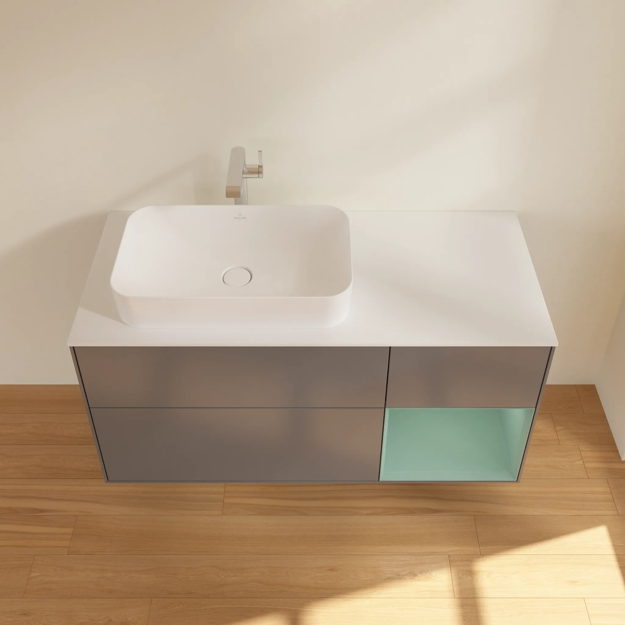 Villeroy & Boch Waschtischunterschrank „Finion“ für Schrankwaschtisch 1200 × 603 × 501 mm Anthracite Matt Lacquer, für Becken links, mit Hahnlochbohrung