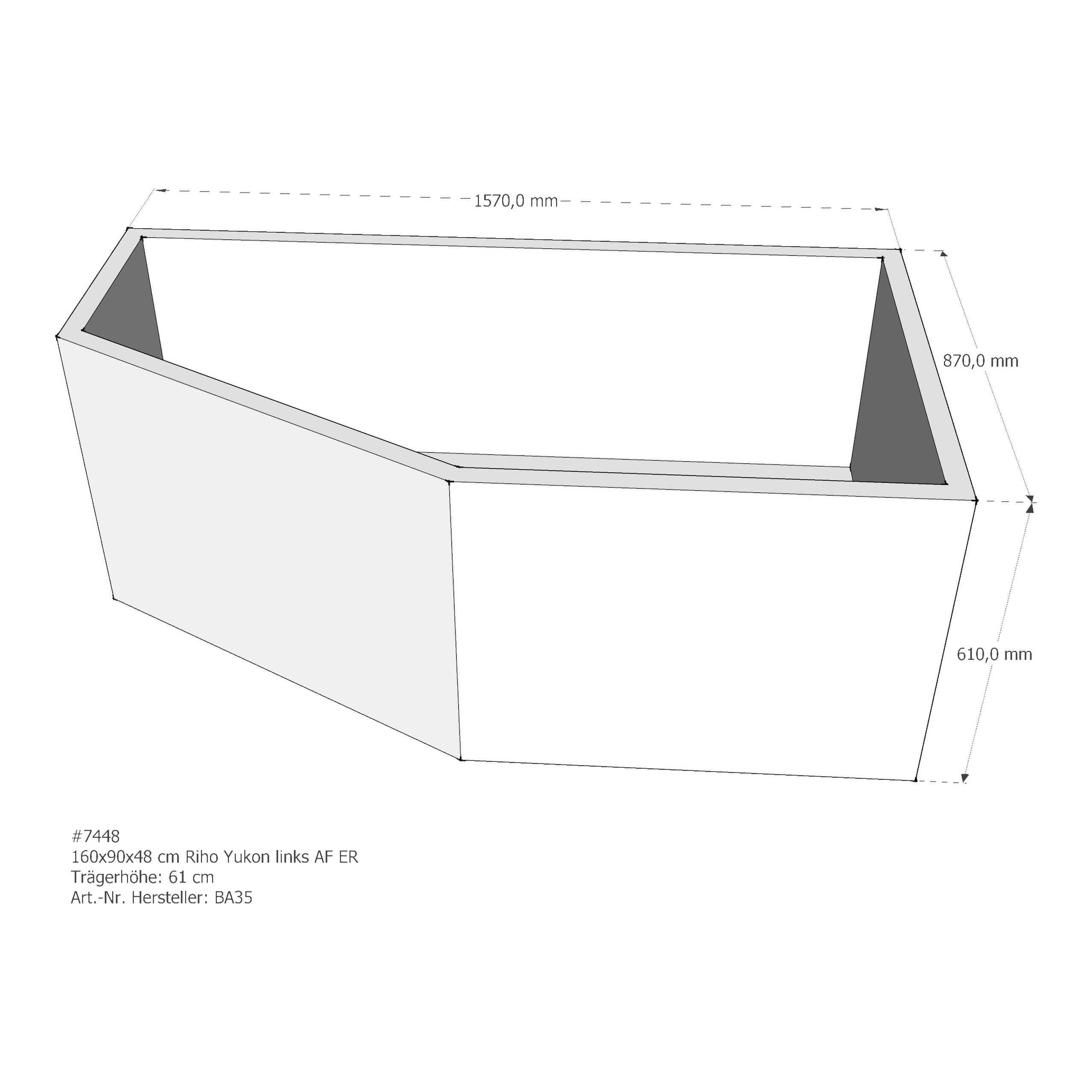 Badewannenträger für Riho Yukon links 160 × 90 × 48 cm