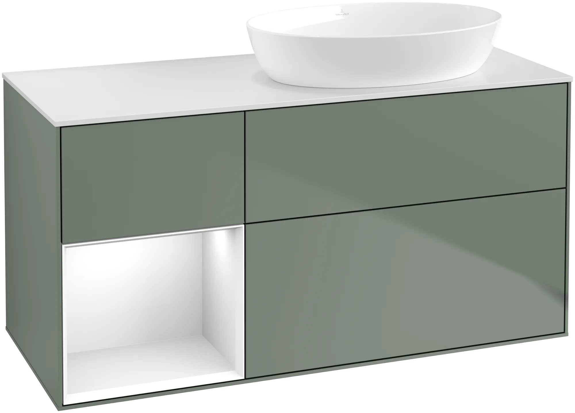 Villeroy & Boch Waschtischunterschrank „Finion“ für Schrankwaschtisch 1200 × 603 × 501 mm Olive Matt Lacquer, für Becken rechts, ohne Hahnlochbohrung