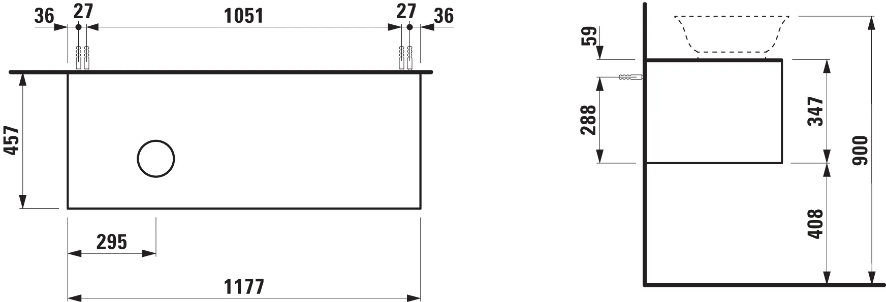 Laufen Waschtischunterbau „THE NEW CLASSIC“ 1177 × 347 × 457 mm Weiß matt, links