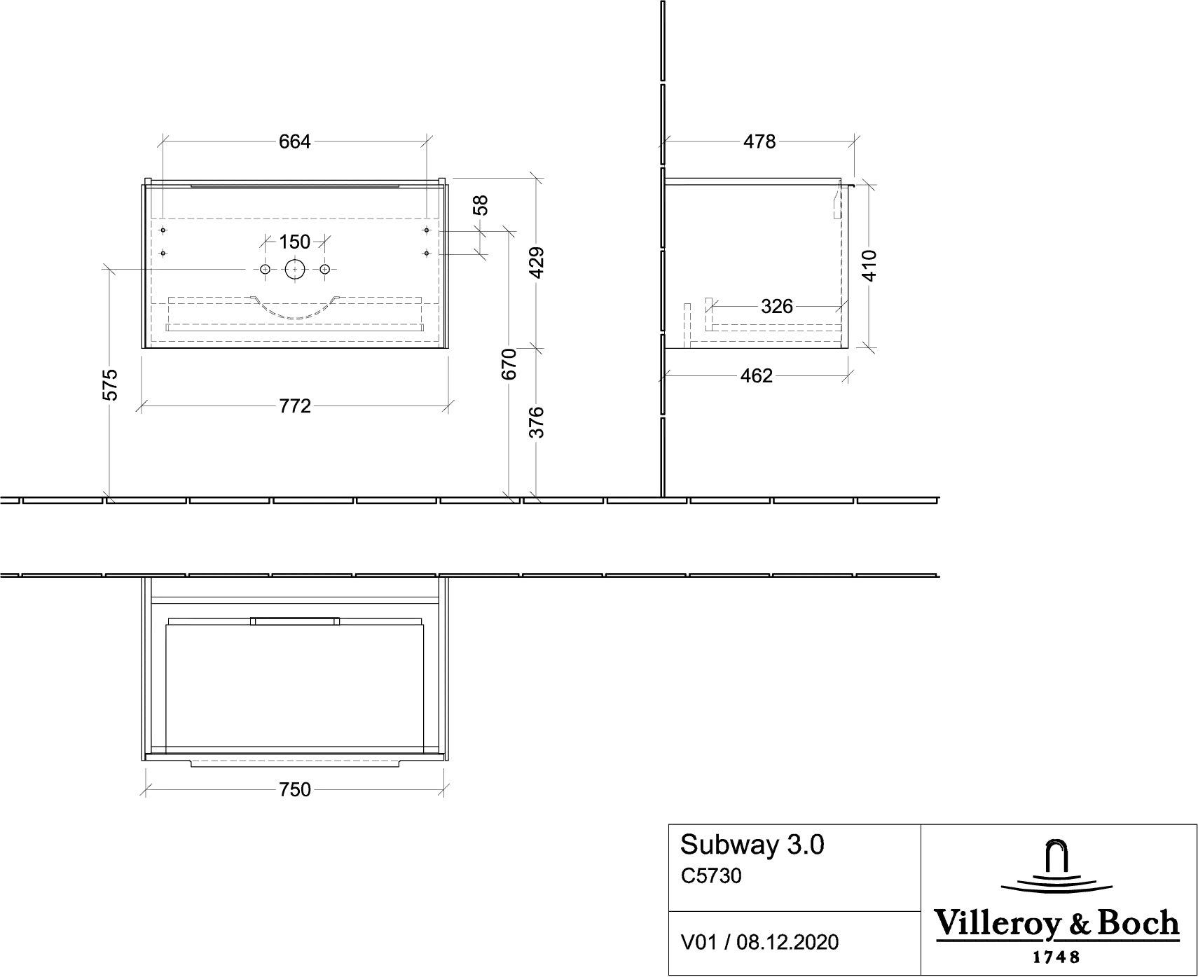 Villeroy & Boch Subway 3.0 Waschbeckenunterschrank C57300 772x429x478mm Marine Blue