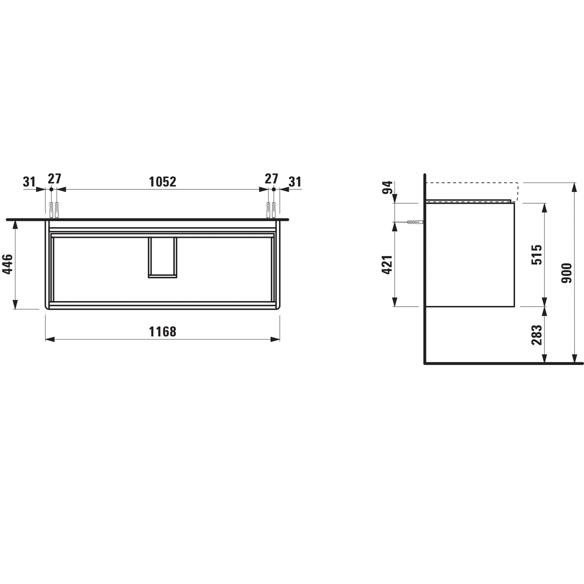 Waschtischunterbau BASE 2.0 für PRO S 446x1168x515 2 Schubladen mit Griffmulde für Waschtisch H814965 weiß matt