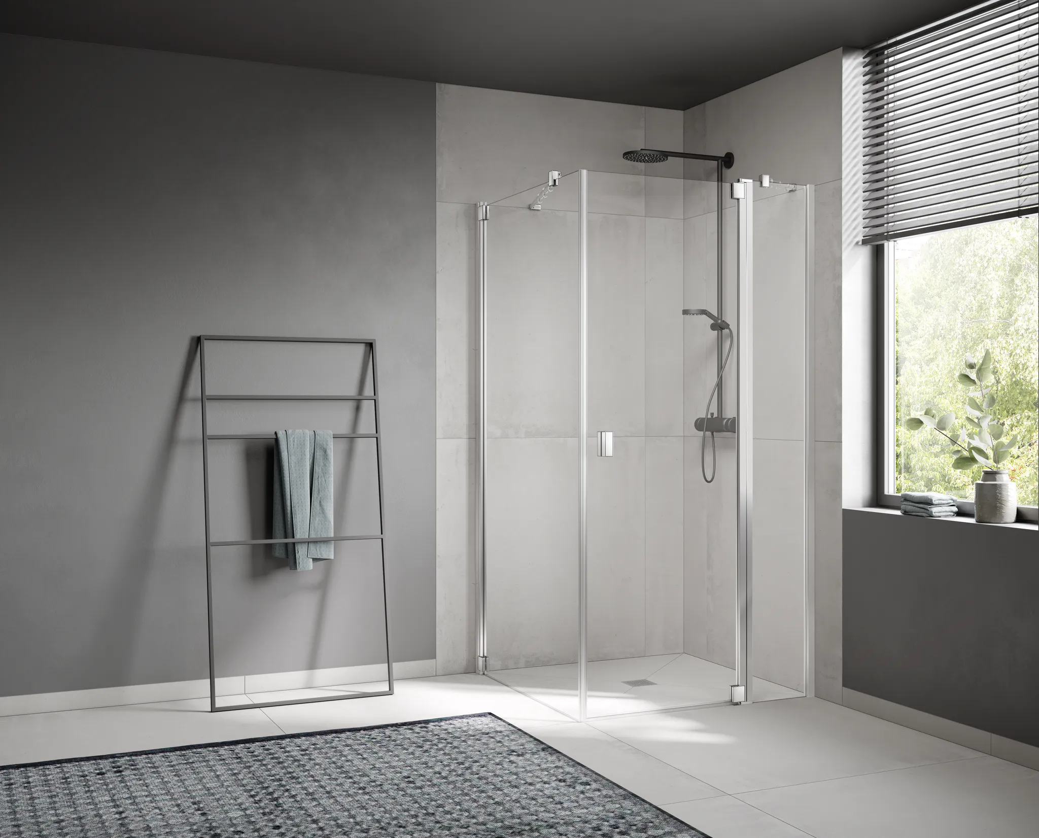 Kermi Duschtür 1-flügelig mit Festfeld rechts für Ecke „RAYA“ Glas SR Opaco, Profile Silber Hochglanz, BV: 1195 - 1225 mm GAK: 1180 - 1210 mm WE: 1205 - 1235 mm H: 1850 mm