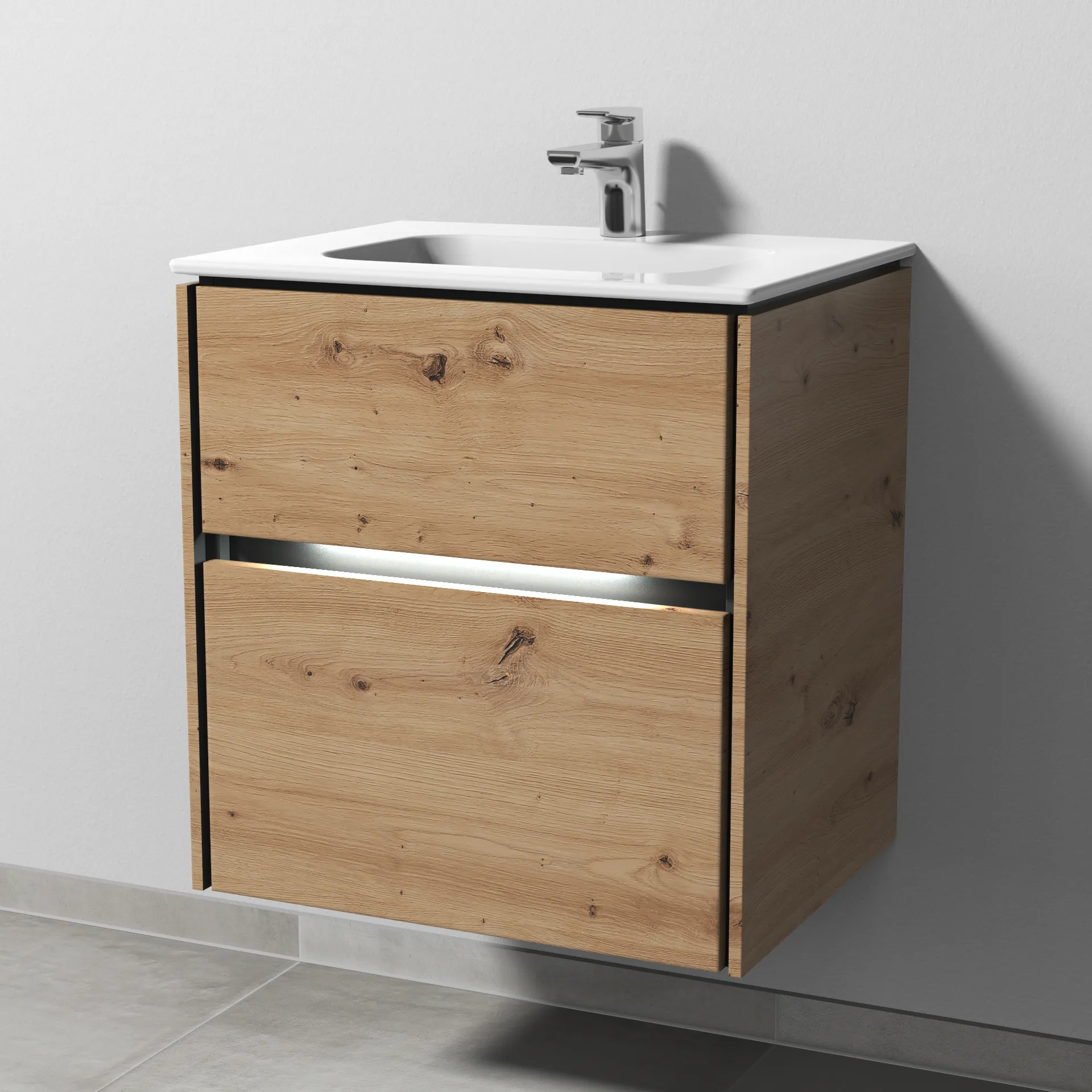 Sanipa Waschtischunterschrank „Twiga“ 590 × 610 × 460 mm in Eiche Natural-Touch, mit Hahnlochbohrung, mit Beleuchtung