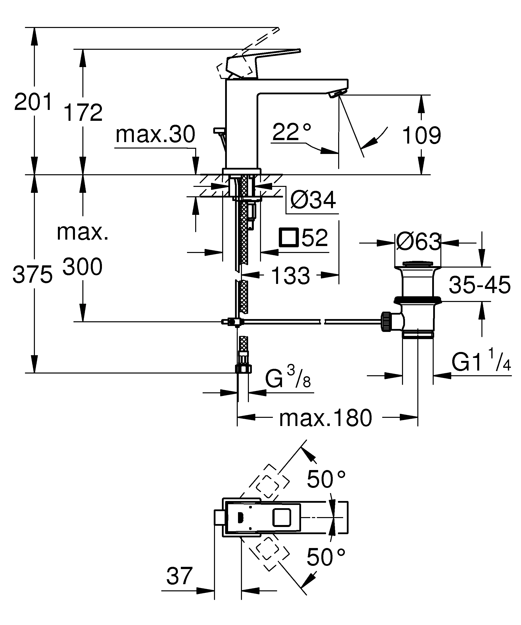 Einhand-Waschtischbatterie Eurocube 23445, M-Size, Einlochmontage, Zugstangen-Ablaufgarnitur 1 1/4'', chrom