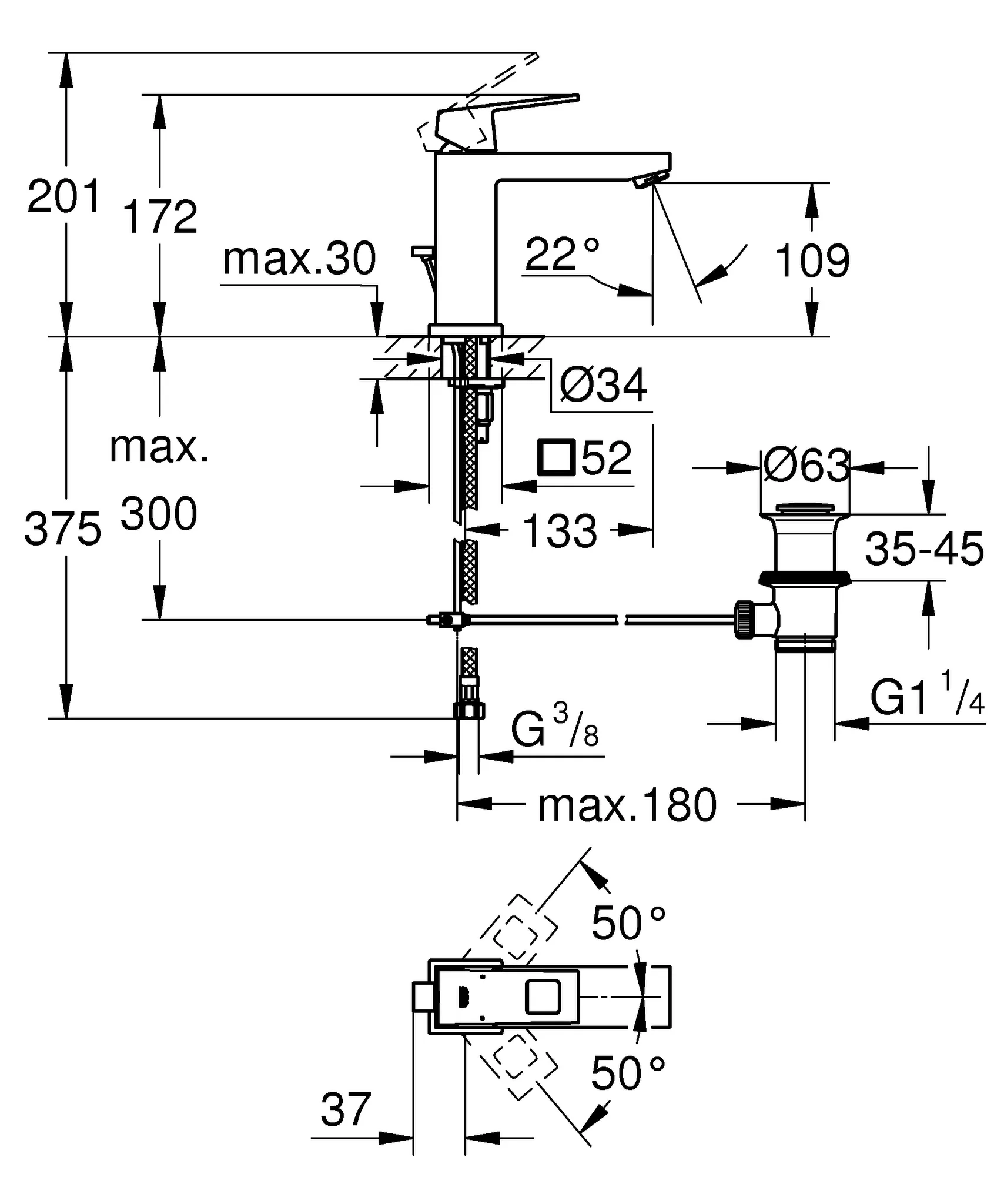 Einhand-Waschtischbatterie Eurocube 23445, M-Size, Einlochmontage, Zugstangen-Ablaufgarnitur 1 1/4'', chrom Einhand-Waschtischbatterie Eurocube 23445, M-Size, Einlochmontage, Zugstangen-Ablaufgarnitur 1 1/4'', chrom