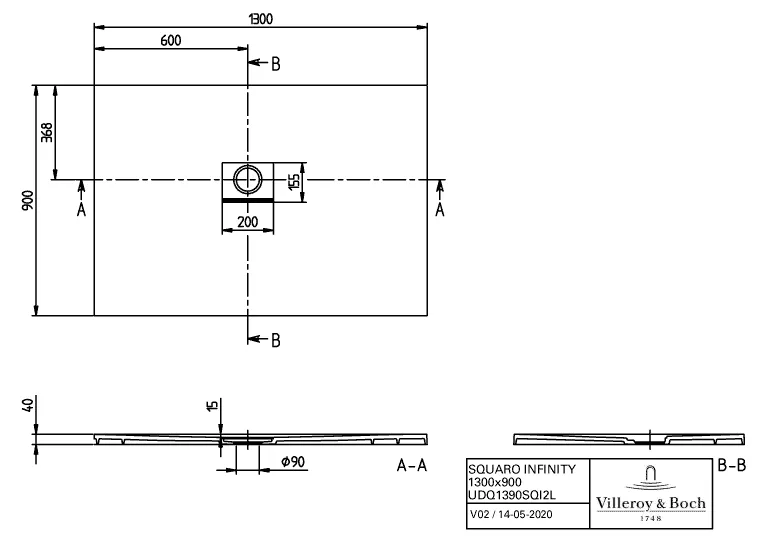 Villeroy & Boch rechteck Duschwanne „Squaro Infinity“ Eck-Einbau links gegen Wand 130 × 90 cm in Almond
