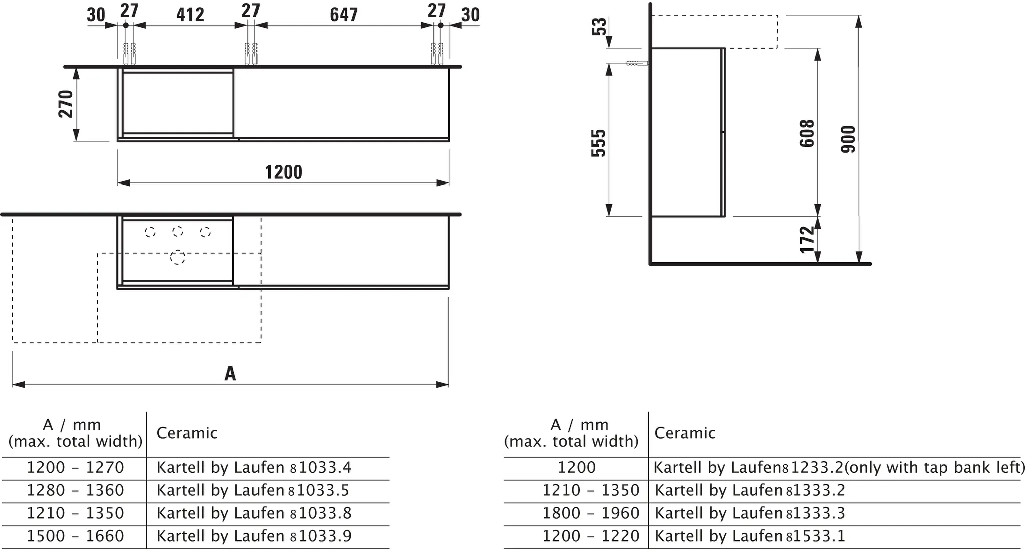 Laufen Waschtischunterbau „Kartell“ 270 × 610 × 1200 mm Ocker, links Laufen Waschtischunterbau „Kartell“ 270 × 610 × 1200 mm Ocker, links
