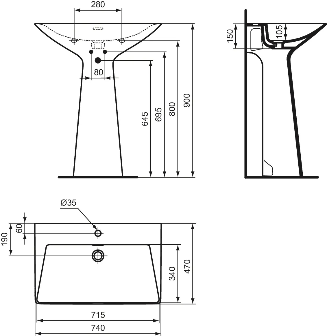 Waschbecken „Tipo-Z“ 74 × 47 × 90 cm, Hahnlochposition mittig in Weiß Waschbecken „Tipo-Z“ 74 × 47 × 90 cm, Hahnlochposition mittig in Weiß