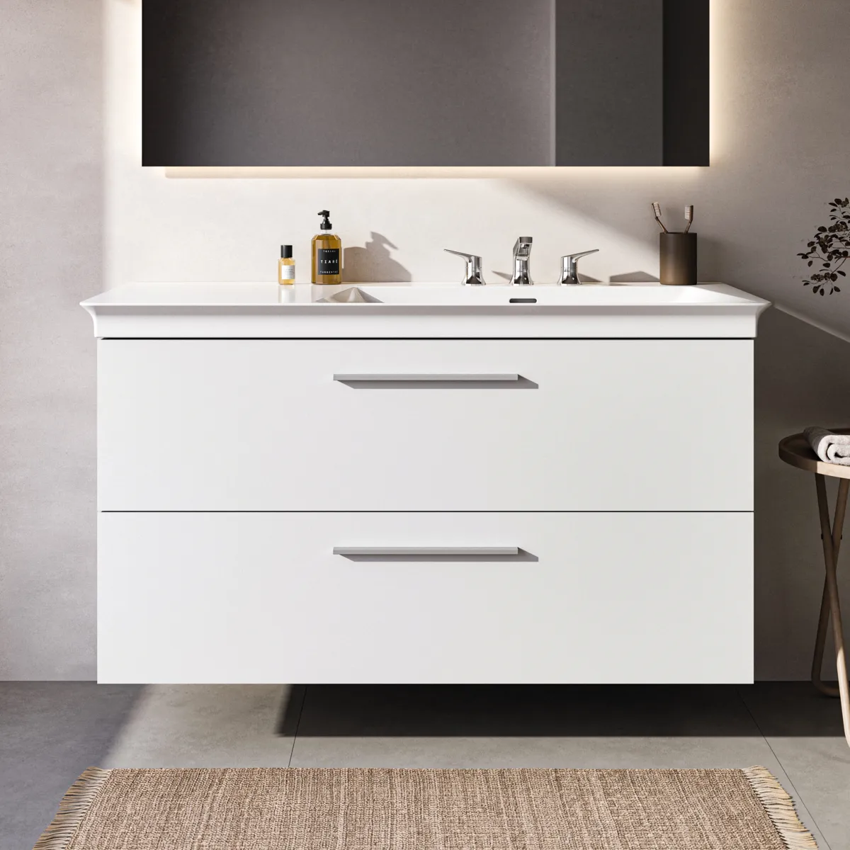 Möbelwaschtischunterschrank i.life B 2 Auszüge Siphonausschnitt auf der rechten Seite 1200x505x630mm Weiß matt Möbelwaschtischunterschrank i.life B 2 Auszüge Siphonausschnitt auf der rechten Seite 1200x505x630mm Weiß matt