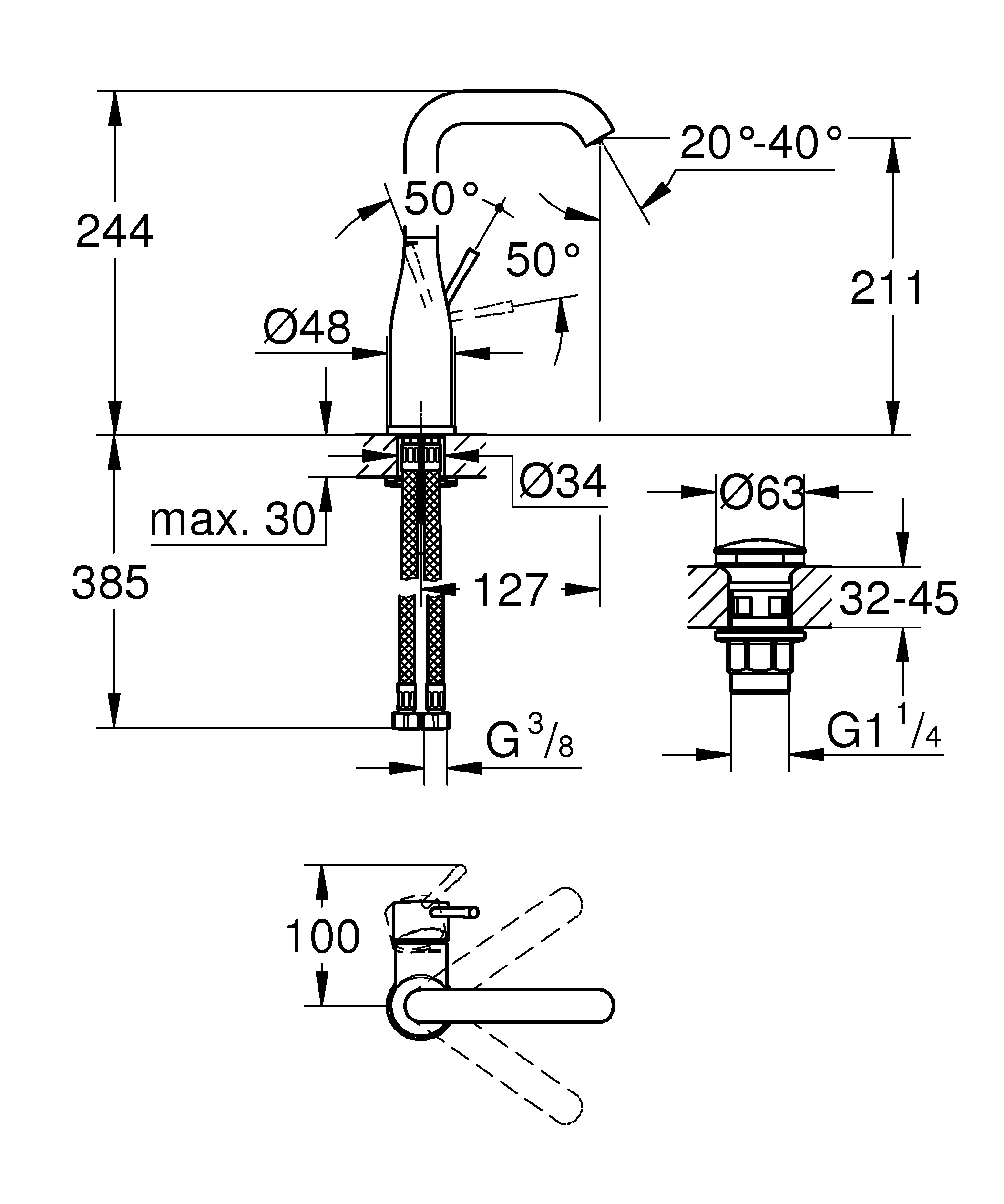 Einhand-Waschtischbatterie Essence 24182_1, L-Size, Einlochmontage, glatter Körper, Push-open Ablaufgarnitur 1 1/4'', chrom