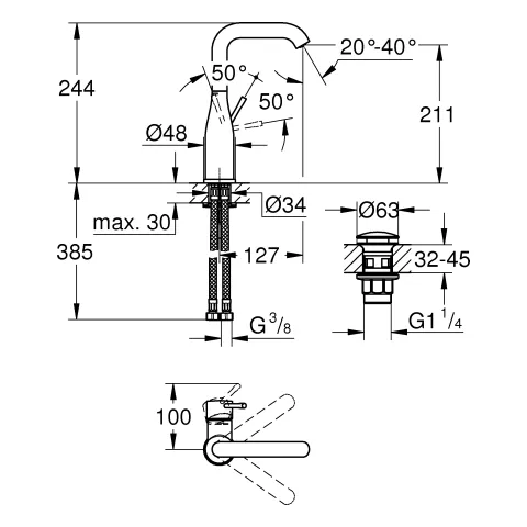 Einhand-Waschtischbatterie Essence 24182_1, L-Size, Einlochmontage, glatter Körper, Push-open Ablaufgarnitur 1 1/4'', chrom Einhand-Waschtischbatterie Essence 24182_1, L-Size, Einlochmontage, glatter Körper, Push-open Ablaufgarnitur 1 1/4'', chrom