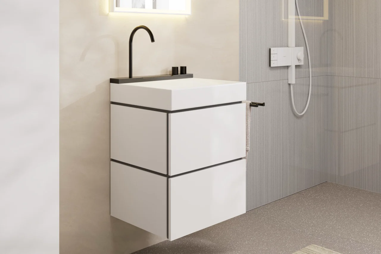Hansgrohe Avalegra AquaUnit 58 cm, Brushed Black Chrome, SolidSurface, matt, Aufsatz und wandhängend, 7 l/min Durchfluss Hansgrohe Avalegra AquaUnit 58 cm, Brushed Black Chrome, SolidSurface, matt, Aufsatz und wandhängend, 7 l/min Durchfluss