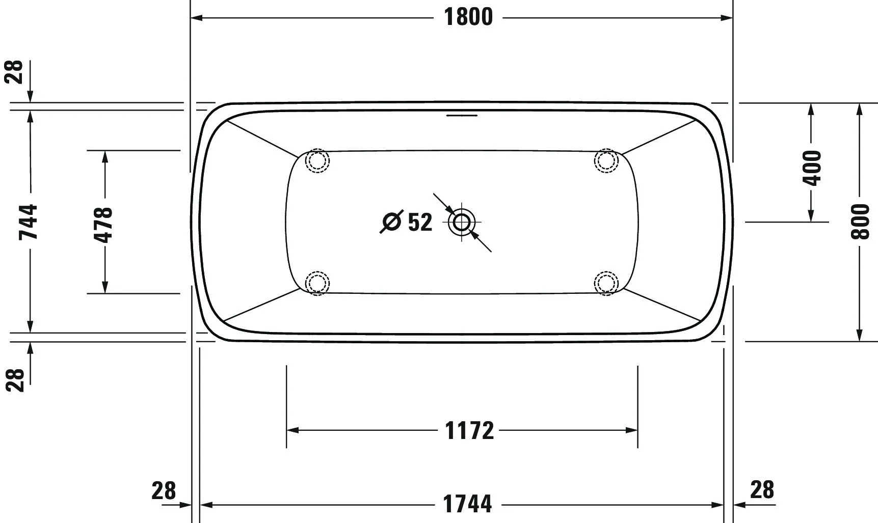 Duravit Badewanne „Qatego“ freistehend rechteck 180 × 80 cm, Mittelablauf