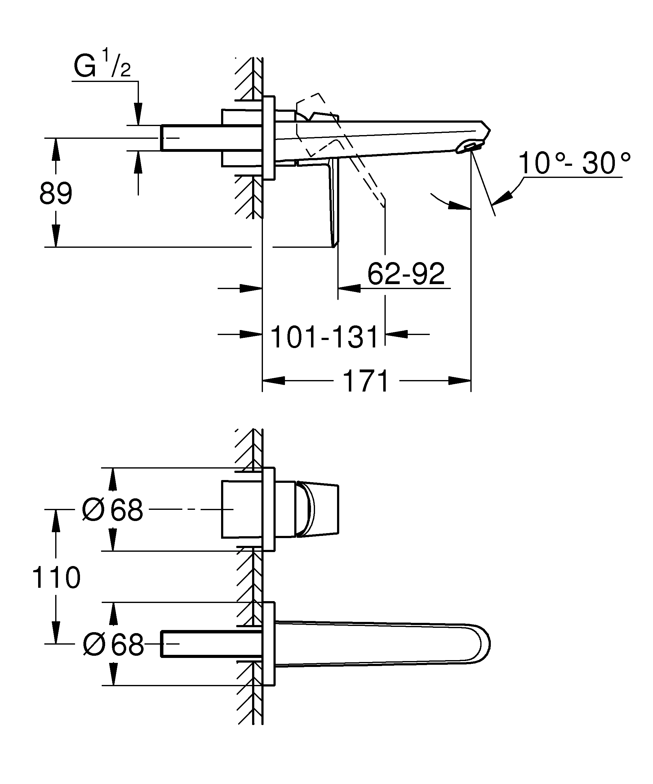 2-Loch-Waschtischbatterie Eurodisc Cosmopolitan 19573_2, Wandmontage, Fertigmontageset für 23 571, Ausladung 170 mm, chrom