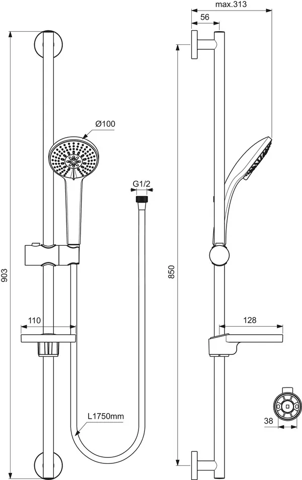 Brausekombination Idealrain 900mm 3-Funktionshandbrause, Durchmesser:100mm Chrom