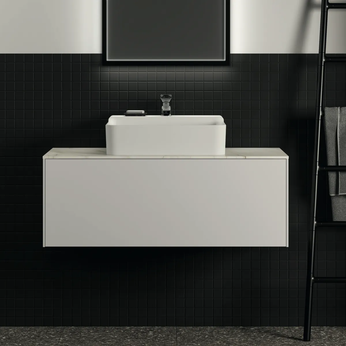 Waschtischplatte Conca, aus Keramik, 1002x505x6mm, Marmor Noir Desir