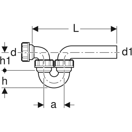 Rohrbogengeruchsverschluss für Ausgussbecken, mit Quetschverschraubung, Einlauf horizontal und Abgang horizontal: d=56mm, d1=56mm Rohrbogengeruchsverschluss für Ausgussbecken, mit Quetschverschraubung, Einlauf horizontal und Abgang horizontal: d=56mm, d1=56mm