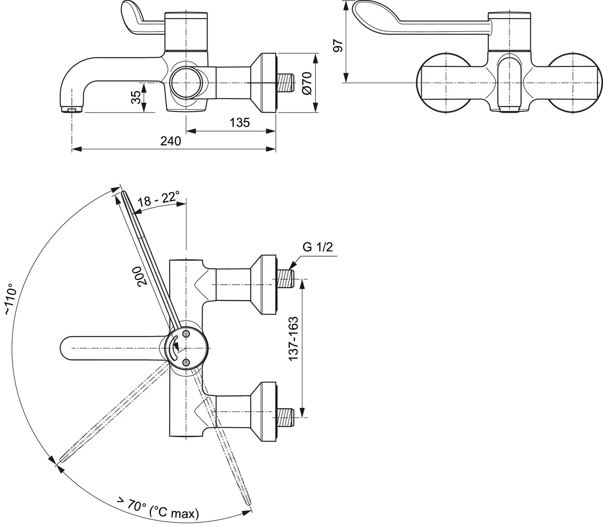 Ideal Standard Wand-Waschtisch-Thermostat Ceraplus Safe SQ Ausladung 240mm absp.S-Anschlüsse Chrom Ideal Standard Wand-Waschtisch-Thermostat Ceraplus Safe SQ Ausladung 240mm absp.S-Anschlüsse Chrom