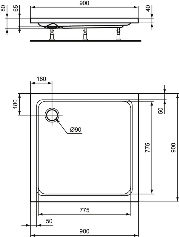 Ideal Standard Quadrat-Brausewanne Hotline Neu, Weiß, 900x900x80mm Ideal Standard Quadrat-Brausewanne Hotline Neu, Weiß, 900x900x80mm