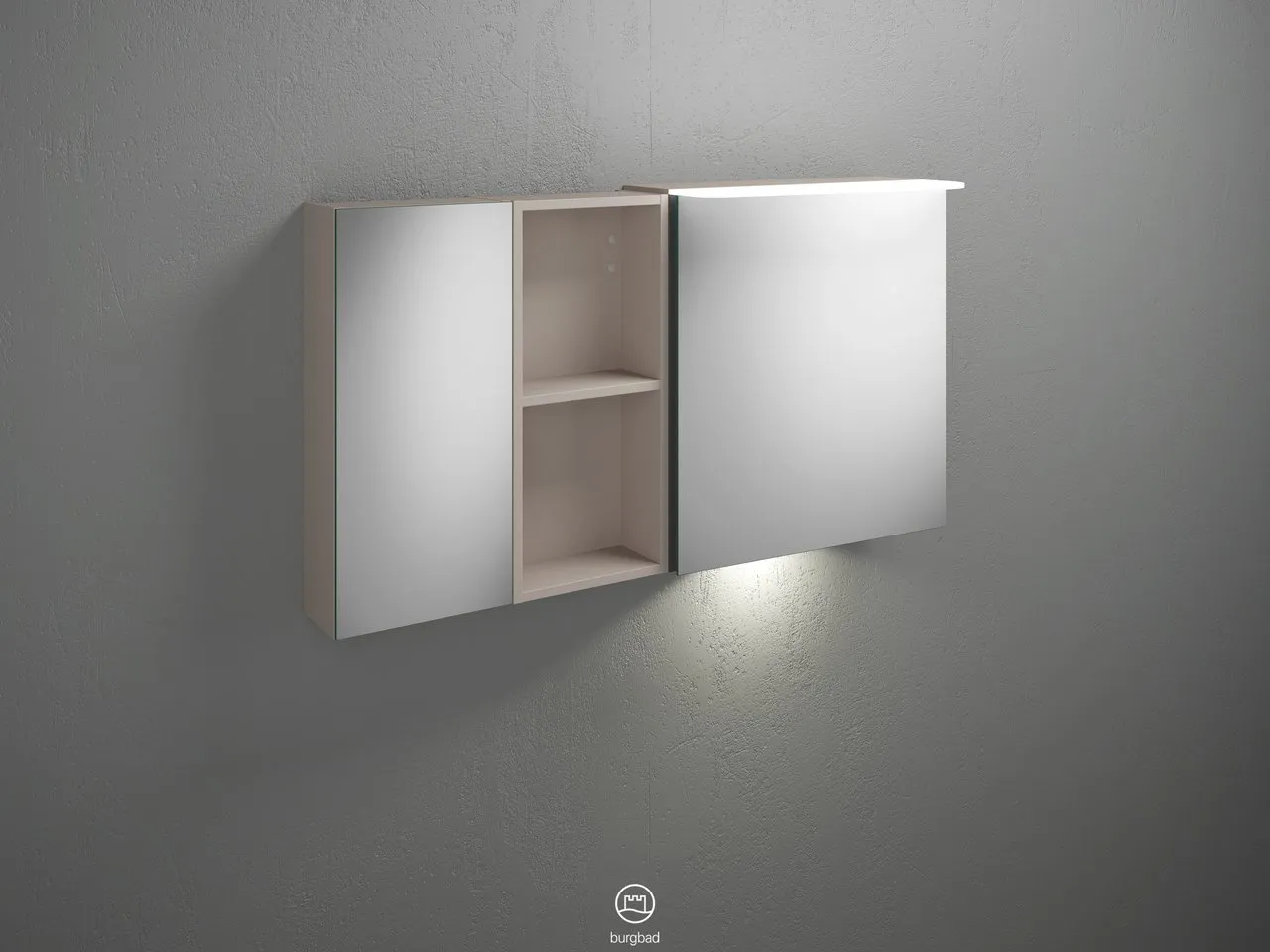 Badu Spiegelschrank SFUD120 von burgbad - 310 mm tief, 1.200 mm breit, 665 mm hoch, beidseitig verspiegelt mit LED-Aufsatzleuchte und Waschtischbeleuchtung